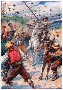 De kastede en byge af sten på Don Quixote, illustration fra 
