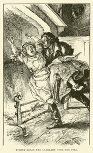 Turpin holder værtinden over ilden (gravering) af Paul Hardy