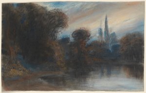 Et kloster ved en skovklædt sø ved Twilight af Paul Huet