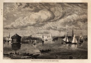 Indgangen til havnen i New York, tegning af Paul Huet (1803-1869), for at illustrere rejserne til Nordamerika i 1854-1855, af L. Deville. Stik i “” Le tour du monde”” 1861. Selvas samling. af Paul Huet