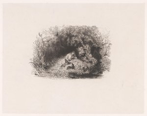 Titeltryk med læsende mand med hund i en skov Forskellige forestillinger af Paul Huet (serietitel) Six Eaux-Fortes (serietitel) af Paul Huet