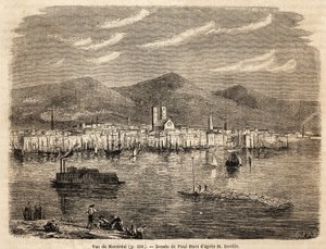 Udsigt over Montreal, tegning af Paul Huet (1803-1869), for at illustrere rejserne til Nordamerika i 1854-1855, af L. Deville. Stik i “” Le tour du monde”” 1861. Selvas samling. af Paul Huet