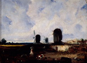 Vindmøller på sletterne i Montrouge, ca. 1820 (olie på lærred) af Paul Huet
