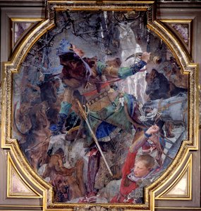 Synet af Sankt Hubert, der gik på jagt i en skov, ser på mirakuløst vis Gud dukke op i form af en hjort. Canvas marouflee af Paul Jacques Aime Baudry (1828-1886) 1882 Søn. 2,3x2,06 m Chantilly, Musee Conde af Paul Jacques Aimé Baudry