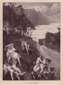 Satyrer og nymfer skræmt af en bil (gravering) af Paul Jean Gervais
