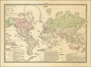 Fransk verdenskort fra 1840, der viser de britiske, franske og russiske imperiers territorier af Paul Kaeppelin