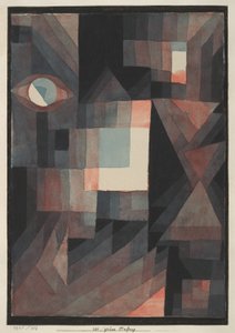 Abstrakt. Rød/grøn graduering med noget cinnibar i lodret format af Paul Klee