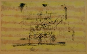 Stillads til hovedet af en monumental skulptur af Paul Klee