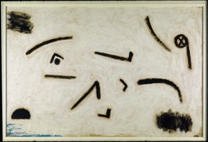 Uden titel (skilte på sort baggrund), C.1940 (farve og lim på papir) af Paul Klee