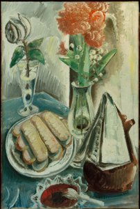 Stilleben med kaffekande, blomster og kager