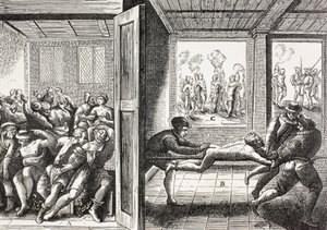 Propaganda fra det 16. århundrede, der illustrerer de franske huguenotters vold mod katolikkerne i Sydfrankrig.