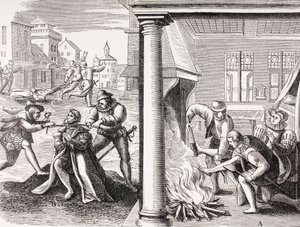 Propaganda fra det 16. århundrede, der illustrerer de franske huguenoters vold mod katolikkerne.