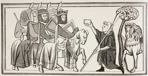 En budbringer ankommer med en besked til en konge, der står i spidsen for sin hær. Efter en illustration i en Ms fra det 13. århundrede. af Paul Lacroix