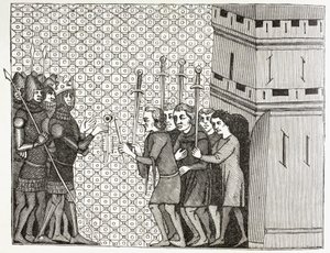 Efter erobringen af en by i det 14. århundrede overgiver garnisonen sig og kaster sig i armene på deres tilfangetagere. Efter en miniature fra det 14. århundrede i Histoire Du Monde. af Paul Lacroix