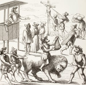 Allegorisk billede af overdrivelser, der siges at være begået af huguenotterne. Den tamme løve repræsenterer et Frankrig, der er reduceret af kætterne og deres praksis. af Paul Lacroix