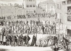 En Auto-Da-Fe, eller troshandling, procession i Spanien. Efter en gravering fra det 15. århundrede. af Paul Lacroix