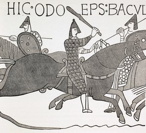 Biskop Edues holder sin embedsstav og opmuntrer hertugen af Normandiets soldater i slaget ved Hastings. Efter en detalje i Bayeux-tapetet. af Paul Lacroix