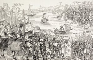 Korsfarere går i land ved Damietta i Egypten i 1249 under det syvende korstog. af Paul Lacroix