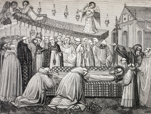 Den hellige Benedikt af Nursia eller San Benedetto Da Norcia døde i 480-547 i klosteret i Monte Cassino. af Paul Lacroix