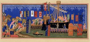 Indskibning af Helligåndsridderne til korstoget - baseret på miniature fra det 14. århundrede, i "" Militært og religiøst liv i middelalderen og i renæssancetiden" af Paul Lacroix, Paris
