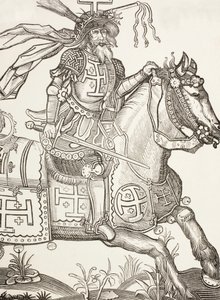 Godfrey af Bouillon, ca. 1060 - 1100, frankisk middelalderridder. En leder af det første korstog. Her ses han kronet med Kristi lidelsesredskaber. Efter et træsnit fra det 15. århundrede. af Paul Lacroix