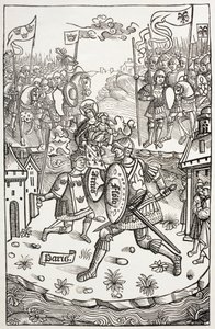 Kong Artus, eller Arthur, beskyttet af jomfruen, kæmper mod en kæmpe. Efter et træsnit i Chroniques De Bretagne af Alain Bouchard, udgivet i 1514. af Paul Lacroix