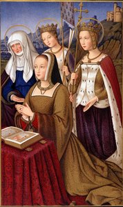 Portræt af Anne af Bretagne (1477-1514), dronning af Frankrig, i bøn med sin hellige skytshelgen Saint Anne, Saint Helene og Saint Ursule - i "" Militært og religiøst liv i middelalderen og renæssancen" af Paul Lacroix, Paris