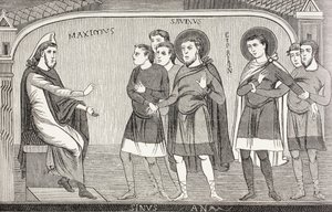De hellige Savin og Cyprian bekender over for prokonsul Galerius Maximus, at de er kristne. Efter en fresko fra det 11. århundrede i St Savin-kirken i Vienne, Frankrig. af Paul Lacroix