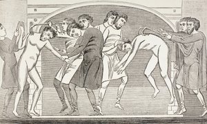 De hellige Savin og Cyprian får revet deres kød af kroppen med jernkroge. Efter en fresko fra det 11. århundrede i St Savin-kirken i Vienne, Frankrig. af Paul Lacroix