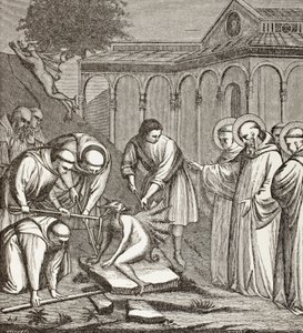 Benedikt og Djævelen. Da Benedikt var ved at bygge et kapel, sad Djævelen på en sten, og ingen kunne flytte ham, før Benedikt velsignede stenen. Så tog djævelen flugten. af Paul Lacroix