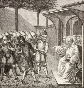 Benedikt af Nursia bebrejder Baduila Aka Totila, ostrogoternes konge, at han har bedraget ham og forudsiger hans død. af Paul Lacroix