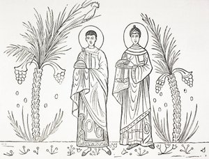 Cecilia og hendes mand Valerian. Efter en mosaik fra det 3. eller 4. århundrede, der er bevaret i Sankt Cecilias Kirke i Rom. af Paul Lacroix