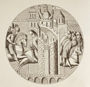 Korsfarernes indtagelse af Nikæa i Tyrkiet i 1097. Efter et vindue i kirken i klosteret St. Denis, som nu er ødelagt. af Paul Lacroix