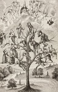 Kampens træ. Allegoriske figurer, der repræsenterer den uenighed, der findes mellem sociale klasser. Efter et manuskript fra det 15. århundrede. af Paul Lacroix
