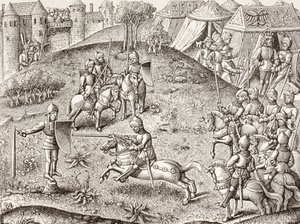Tilting At A Quintain, The Revolving Effigy Of A Knight. Efter en miniature i Chroniques De Charlemagne fra det 15. århundrede. af Paul Lacroix
