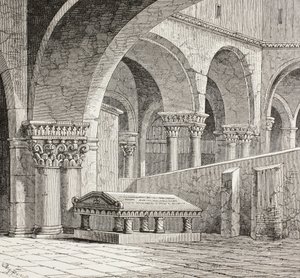 Godfrey De Boullons grav, ca. 1060 - 1100, som den så ud i Den Hellige Gravs Kirke i Jerusalem. Graven er nu ødelagt. Efter en tegning lavet på stedet i 1828. af Paul Lacroix