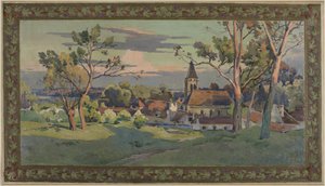 Skitse til rådhuset i Thiais: landsby med kirke, ca. 1902 (olie på lærred) af Paul Léon Felix (attr. to) Schmitt