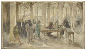 Skitse til retssalen i handelsretten i Paris: Le livre des métiers, ca. 1891 (blyant, olie på lærred)