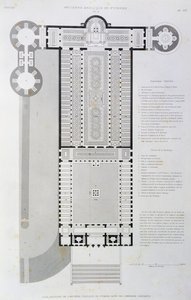 Restaureret layout af den gamle basilika bygget af kejser Konstantin, gravering fra Vatikanet og Peterskirken af Paul Marie Letarouilly