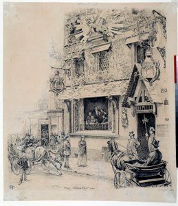 Udsigt over indgangen til Cabaret du Chat Noir. Blæktegning af Paul Merwart (1855-1902) Paris fra det 19. århundrede, Musee Carnavalet