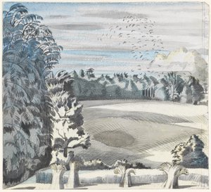Landskab med røge, ca. 1913-14 (sort kridt & akvarel på papir) af Paul Nash