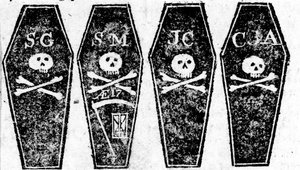 Tegning af de fire kister fra massakren i Boston, trykt i Boston Gazette, 12. marts 1770