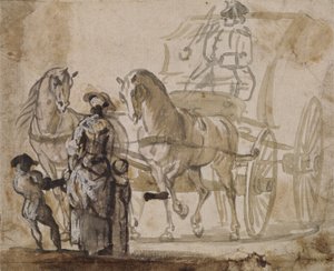 En vogn og et par, med kusk (grå og brun vask forhøjet med hvidt på papir) af Paul Sandby