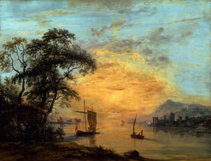 Et walisisk flodlandskab i solnedgang. af Paul Sandby