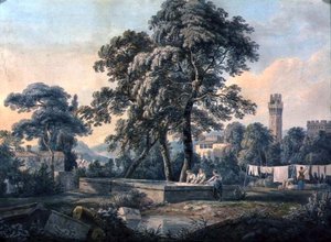 Et italiensk landskab med kvinder ved et vaskebassin af Paul Sandby