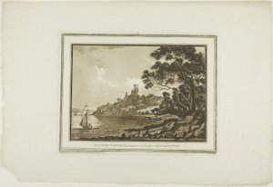 Benton Castle ser ned ad rækkevidden til Milford Haven, fra tolv udsigter i Aquatinta fra tegninger taget på stedet i det sydlige Wales af Paul Sandby