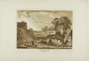 Cardiff Castle fra vest, planche to fra Twelve Views in Wales af Paul Sandby