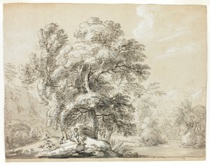 Mand og hund sidder under træer ved floden af Paul Sandby