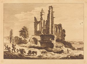 Ødelagt kloster med kvæg og en mand, der hugger træ af Paul Sandby
