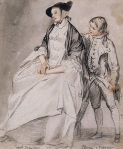 Studie af fru Mercier siddende i en stol, og hendes yngste søn, Henry Mercier, der står bag hende, af Paul Sandby